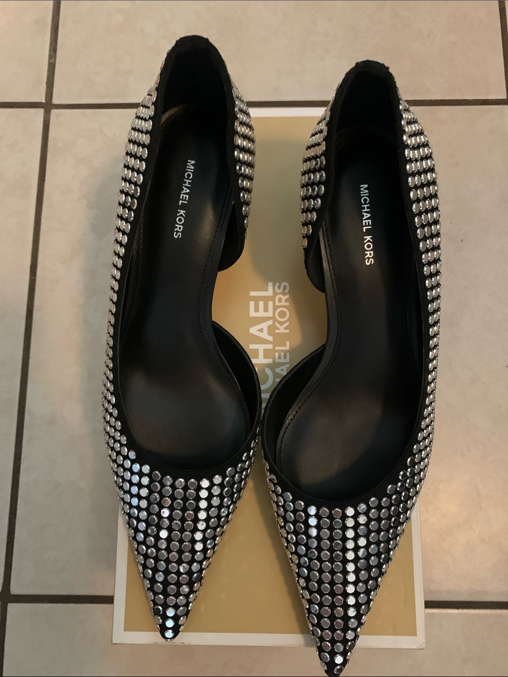 Michael Kors Black Crystal-Studded Pointed-Toe Flats